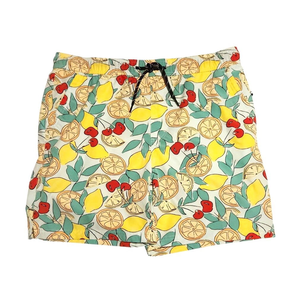 Edgar + Ash Swim Trunks Lemon & Cherry Print Drawstring Waist Mens Size L